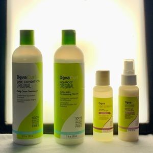 DevaCurl shampoo, conditioner, finishing spray, and defining gel
